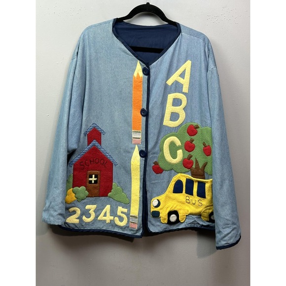 School Teacher Jacket Womens Extra Large Denim Applique Button Front ABC Bus - Picture 1 of 7